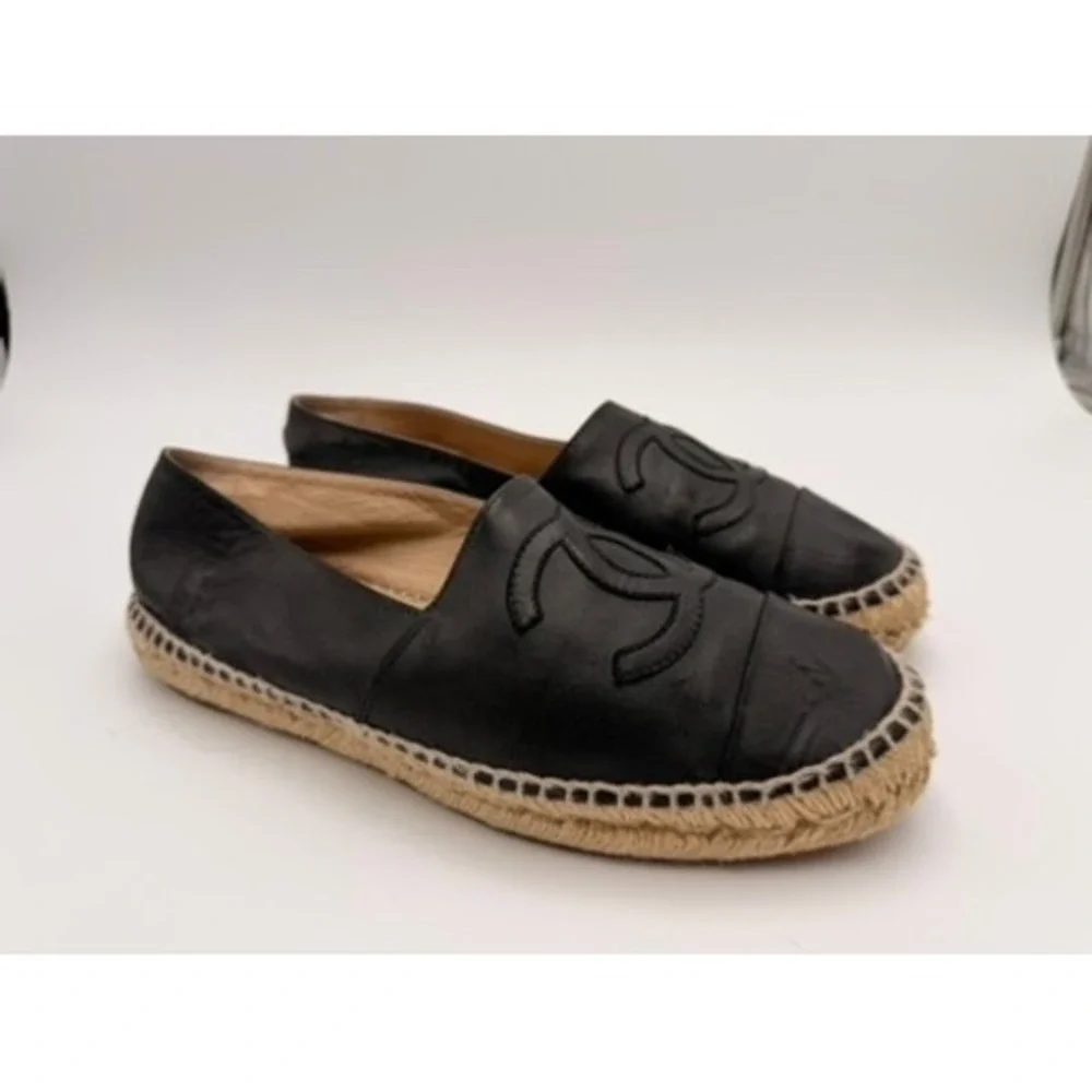 Chanel Espadrilles Women Black Good Lambskin Leather CC Logo Flats